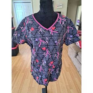 Large Scrub Star Hope Love Care Pink Ribbon Short Sleeve Scrub Top Scrubs
